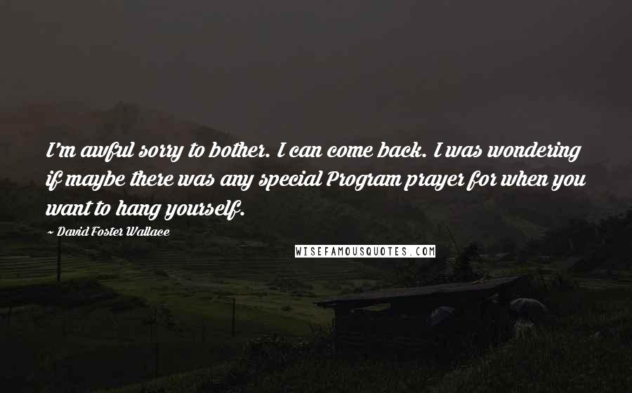 David Foster Wallace Quotes: I'm awful sorry to bother. I can come back. I was wondering if maybe there was any special Program prayer for when you want to hang yourself.