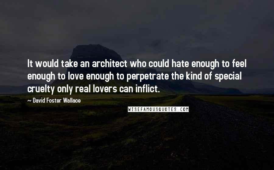 David Foster Wallace Quotes: It would take an architect who could hate enough to feel enough to love enough to perpetrate the kind of special cruelty only real lovers can inflict.