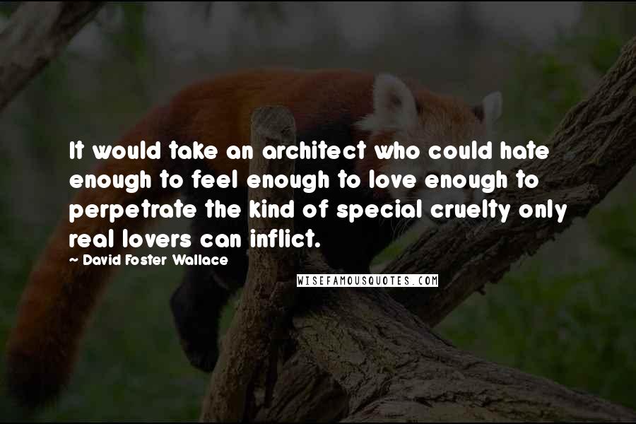 David Foster Wallace Quotes: It would take an architect who could hate enough to feel enough to love enough to perpetrate the kind of special cruelty only real lovers can inflict.