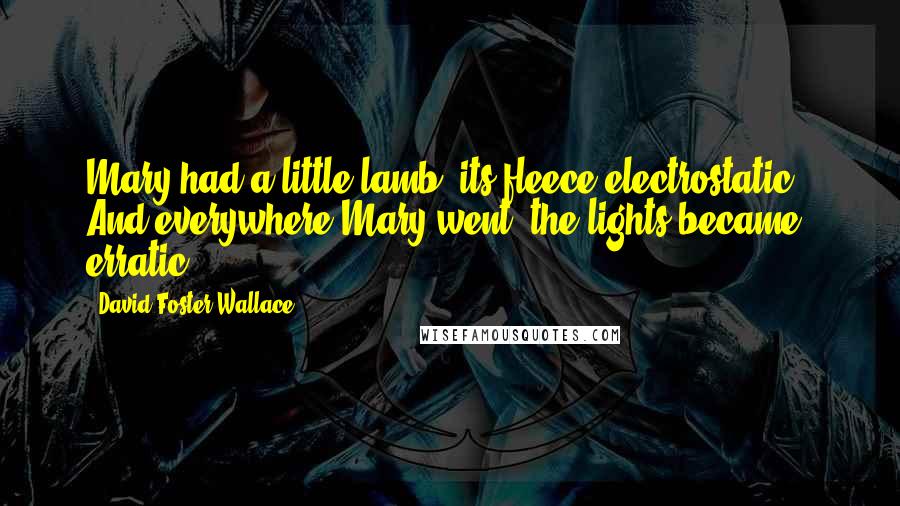 David Foster Wallace Quotes: Mary had a little lamb, its fleece electrostatic / And everywhere Mary went, the lights became erratic.