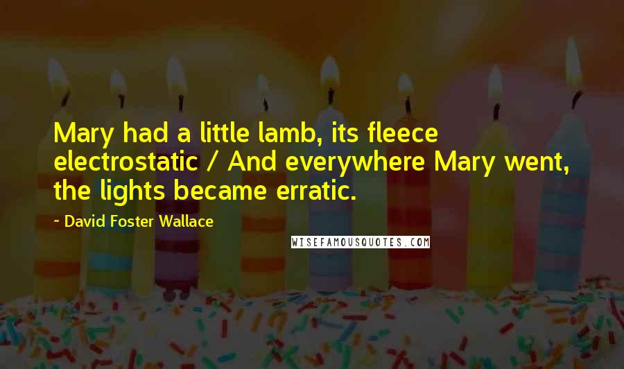 David Foster Wallace Quotes: Mary had a little lamb, its fleece electrostatic / And everywhere Mary went, the lights became erratic.