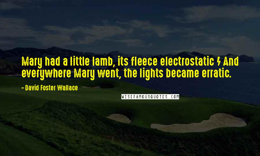 David Foster Wallace Quotes: Mary had a little lamb, its fleece electrostatic / And everywhere Mary went, the lights became erratic.