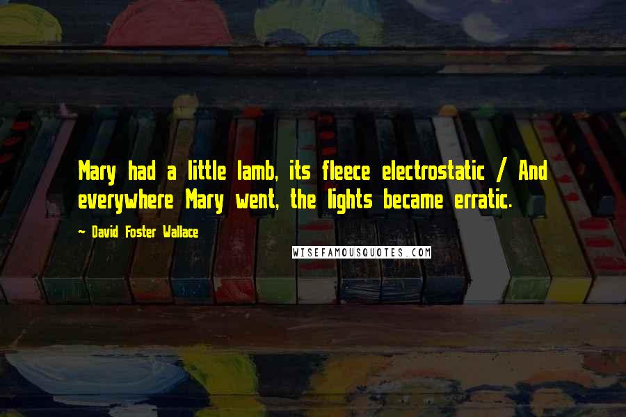 David Foster Wallace Quotes: Mary had a little lamb, its fleece electrostatic / And everywhere Mary went, the lights became erratic.