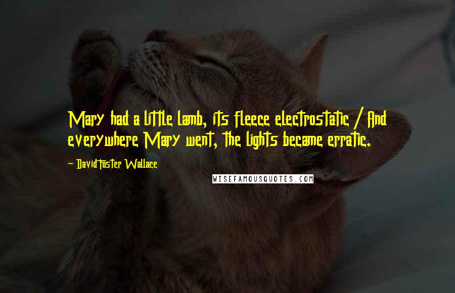 David Foster Wallace Quotes: Mary had a little lamb, its fleece electrostatic / And everywhere Mary went, the lights became erratic.