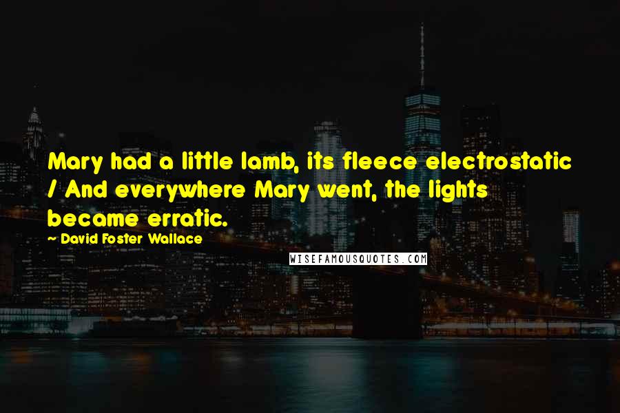 David Foster Wallace Quotes: Mary had a little lamb, its fleece electrostatic / And everywhere Mary went, the lights became erratic.
