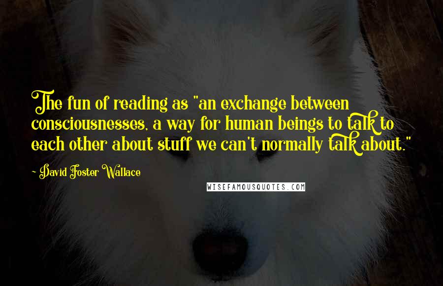David Foster Wallace Quotes: The fun of reading as "an exchange between consciousnesses, a way for human beings to talk to each other about stuff we can't normally talk about."