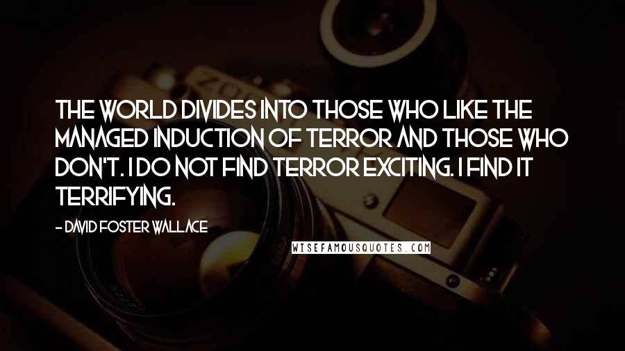 David Foster Wallace Quotes: The world divides into those who like the managed induction of terror and those who don't. I do not find terror exciting. I find it terrifying.