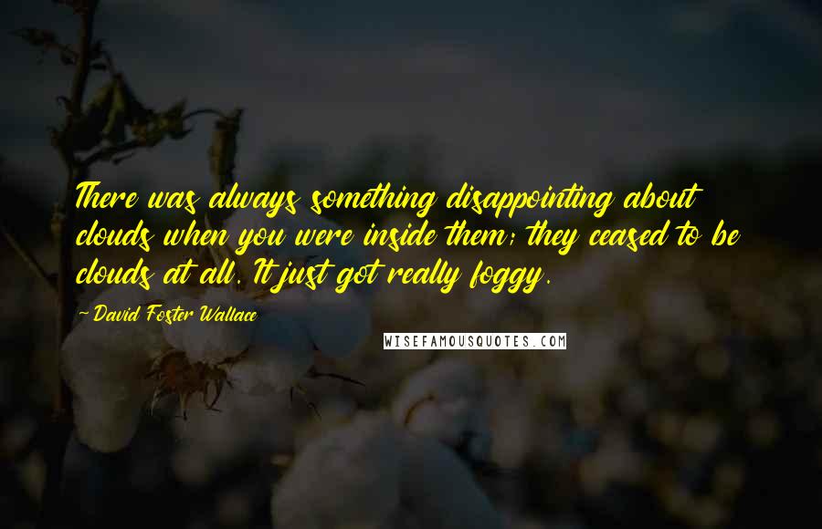 David Foster Wallace Quotes: There was always something disappointing about clouds when you were inside them; they ceased to be clouds at all. It just got really foggy.