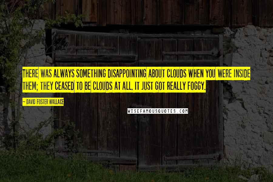 David Foster Wallace Quotes: There was always something disappointing about clouds when you were inside them; they ceased to be clouds at all. It just got really foggy.