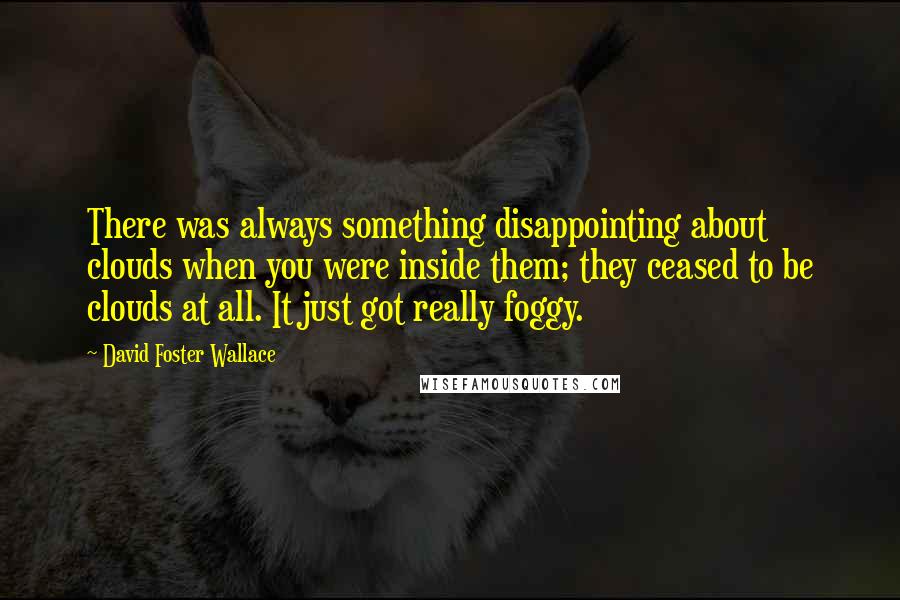 David Foster Wallace Quotes: There was always something disappointing about clouds when you were inside them; they ceased to be clouds at all. It just got really foggy.