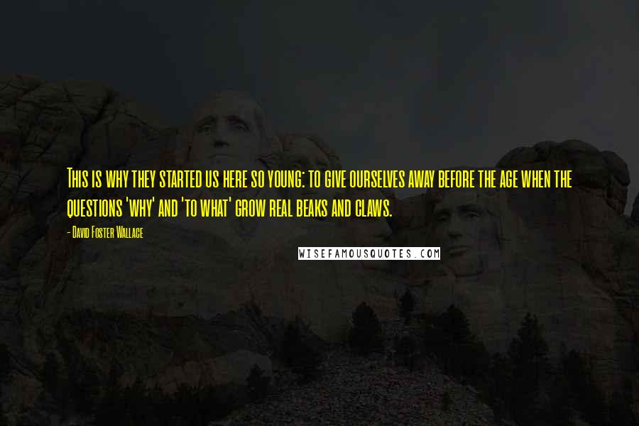 David Foster Wallace Quotes: This is why they started us here so young: to give ourselves away before the age when the questions 'why' and 'to what' grow real beaks and claws.