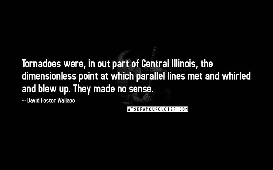 David Foster Wallace Quotes: Tornadoes were, in out part of Central Illinois, the dimensionless point at which parallel lines met and whirled and blew up. They made no sense.