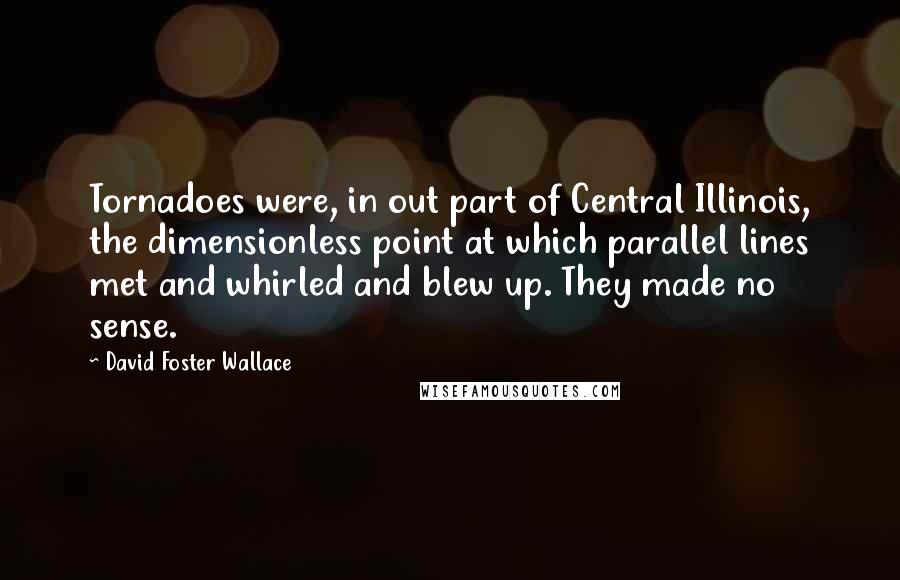 David Foster Wallace Quotes: Tornadoes were, in out part of Central Illinois, the dimensionless point at which parallel lines met and whirled and blew up. They made no sense.