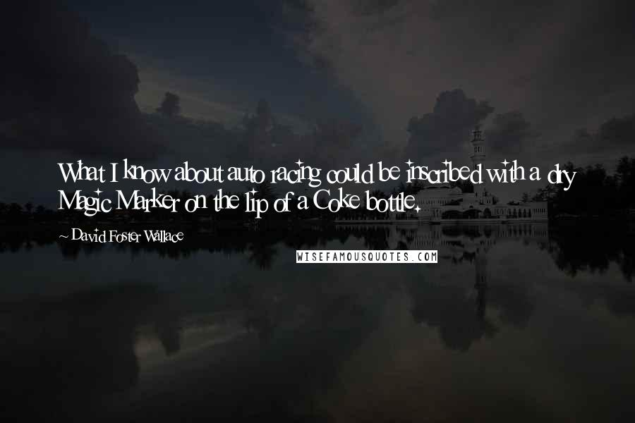 David Foster Wallace Quotes: What I know about auto racing could be inscribed with a dry Magic Marker on the lip of a Coke bottle.