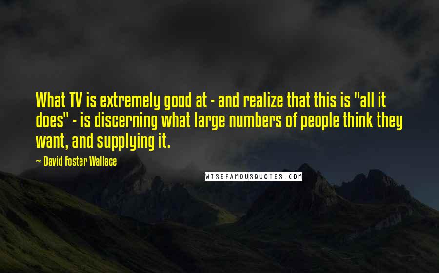 David Foster Wallace Quotes: What TV is extremely good at - and realize that this is "all it does" - is discerning what large numbers of people think they want, and supplying it.