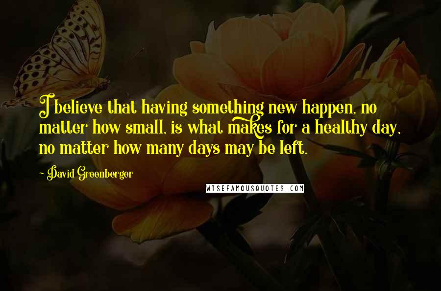 David Greenberger Quotes: I believe that having something new happen, no matter how small, is what makes for a healthy day, no matter how many days may be left.