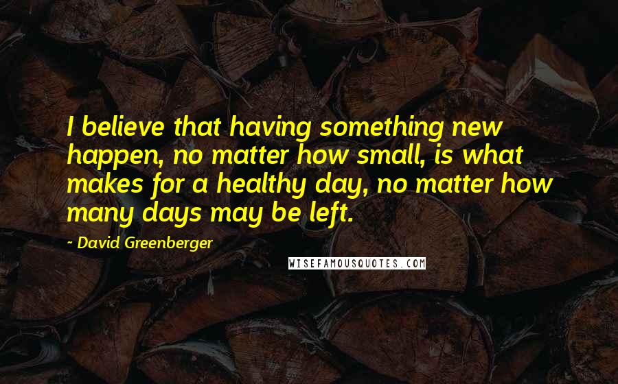 David Greenberger Quotes: I believe that having something new happen, no matter how small, is what makes for a healthy day, no matter how many days may be left.