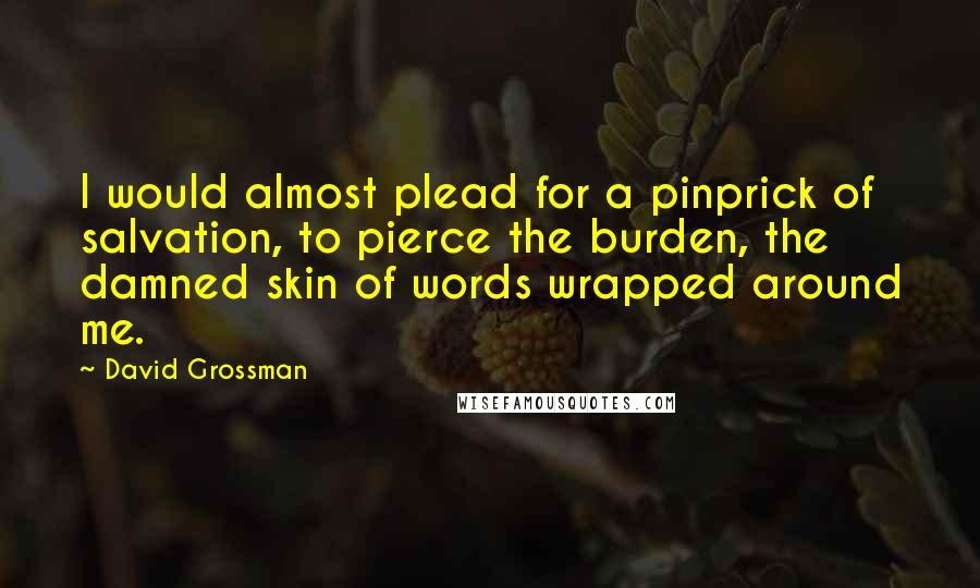 David Grossman Quotes: I would almost plead for a pinprick of salvation, to pierce the burden, the damned skin of words wrapped around me.