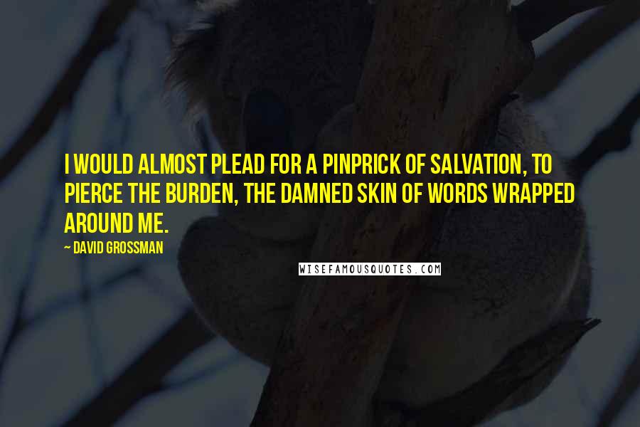 David Grossman Quotes: I would almost plead for a pinprick of salvation, to pierce the burden, the damned skin of words wrapped around me.