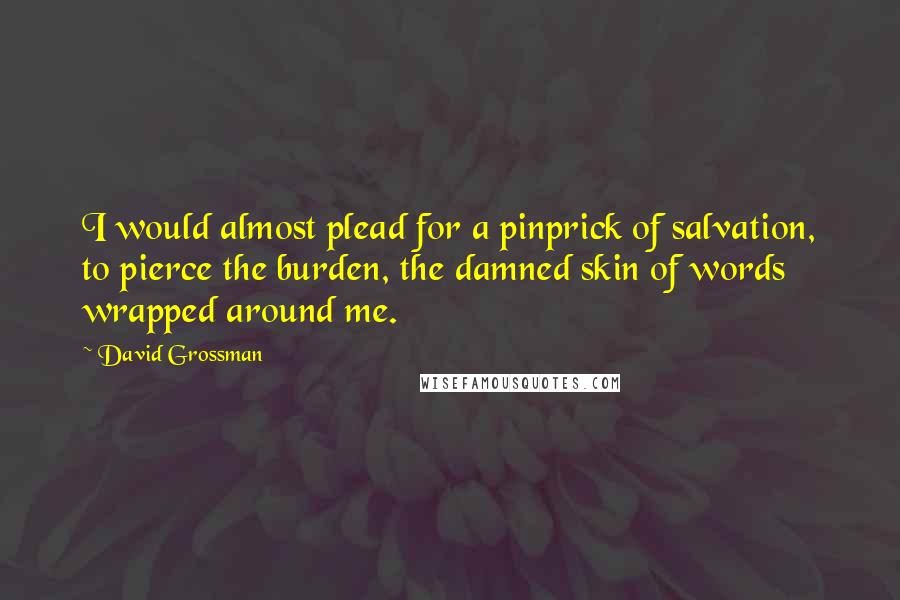 David Grossman Quotes: I would almost plead for a pinprick of salvation, to pierce the burden, the damned skin of words wrapped around me.