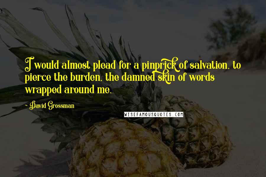 David Grossman Quotes: I would almost plead for a pinprick of salvation, to pierce the burden, the damned skin of words wrapped around me.