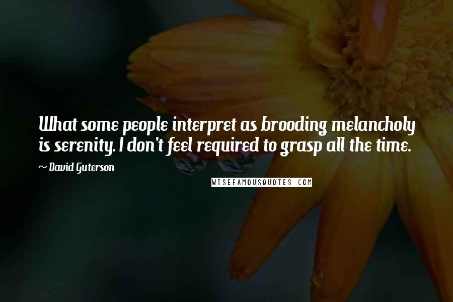 David Guterson Quotes: What some people interpret as brooding melancholy is serenity. I don't feel required to grasp all the time.