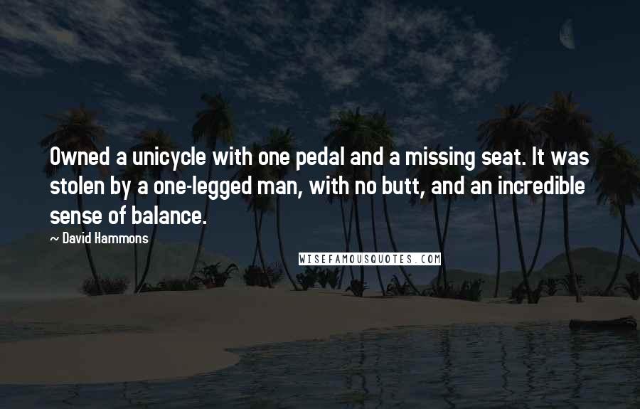David Hammons Quotes: Owned a unicycle with one pedal and a missing seat. It was stolen by a one-legged man, with no butt, and an incredible sense of balance.