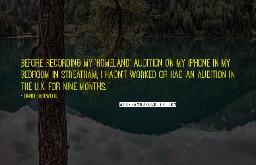 David Harewood Quotes: Before recording my 'Homeland' audition on my iPhone in my bedroom in Streatham, I hadn't worked or had an audition in the U.K. for nine months.