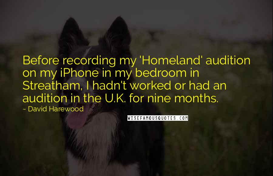 David Harewood Quotes: Before recording my 'Homeland' audition on my iPhone in my bedroom in Streatham, I hadn't worked or had an audition in the U.K. for nine months.