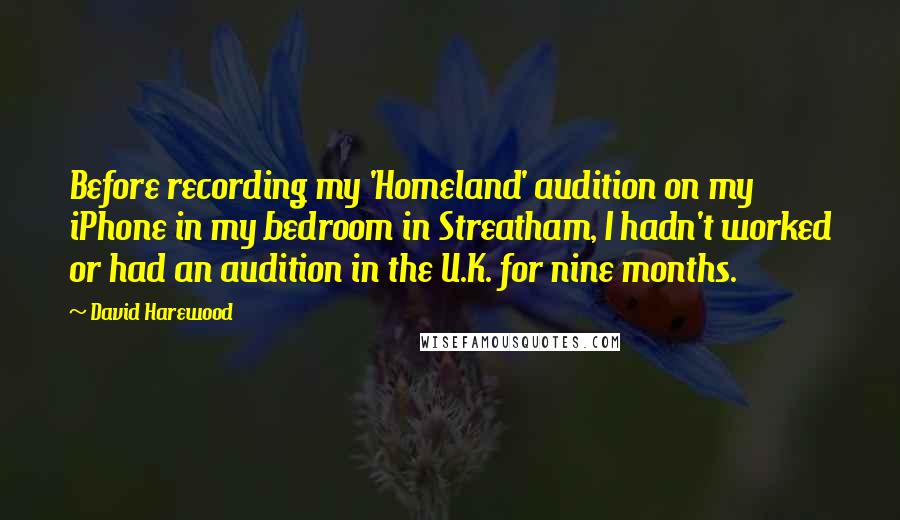 David Harewood Quotes: Before recording my 'Homeland' audition on my iPhone in my bedroom in Streatham, I hadn't worked or had an audition in the U.K. for nine months.