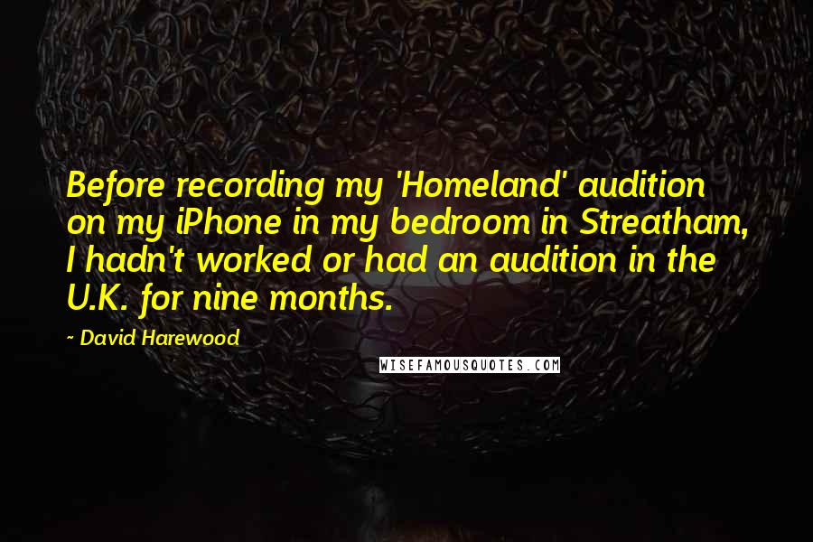 David Harewood Quotes: Before recording my 'Homeland' audition on my iPhone in my bedroom in Streatham, I hadn't worked or had an audition in the U.K. for nine months.