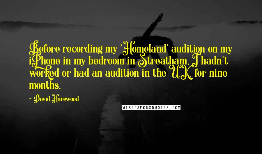 David Harewood Quotes: Before recording my 'Homeland' audition on my iPhone in my bedroom in Streatham, I hadn't worked or had an audition in the U.K. for nine months.