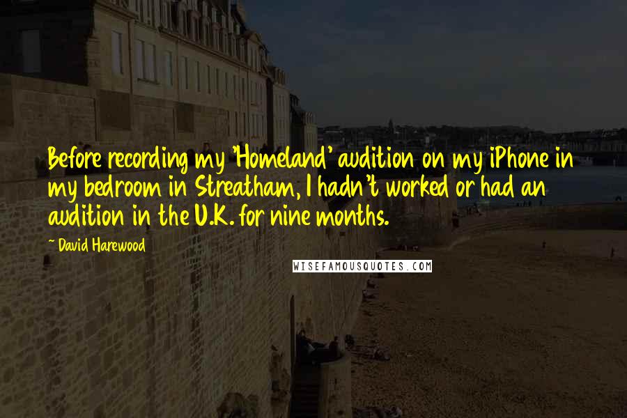 David Harewood Quotes: Before recording my 'Homeland' audition on my iPhone in my bedroom in Streatham, I hadn't worked or had an audition in the U.K. for nine months.