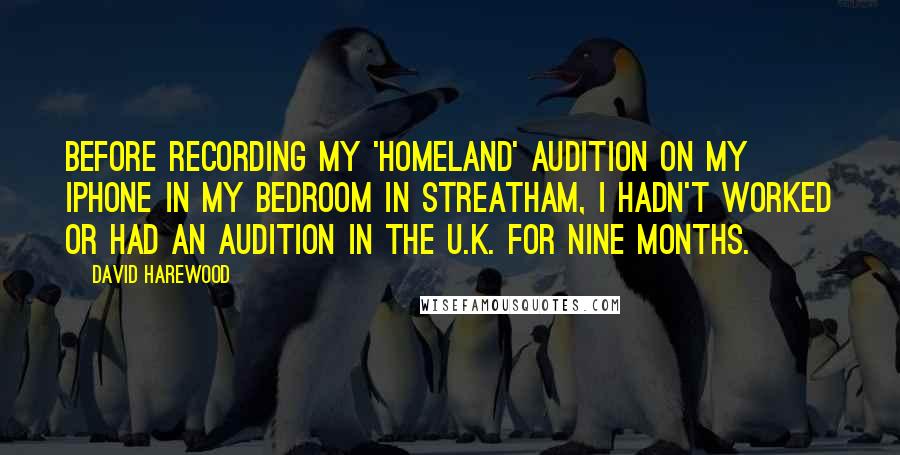 David Harewood Quotes: Before recording my 'Homeland' audition on my iPhone in my bedroom in Streatham, I hadn't worked or had an audition in the U.K. for nine months.