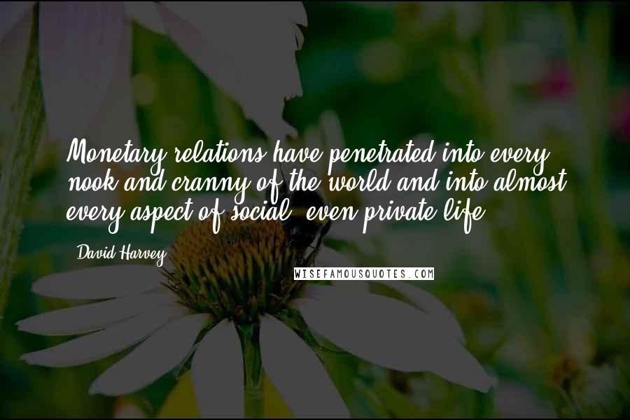 David Harvey Quotes: Monetary relations have penetrated into every nook and cranny of the world and into almost every aspect of social, even private life.