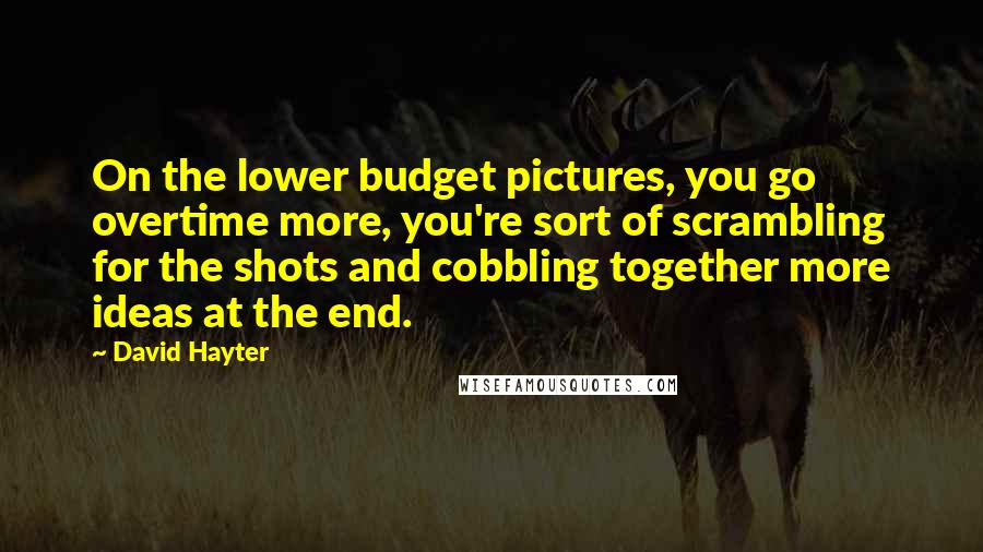 David Hayter Quotes: On the lower budget pictures, you go overtime more, you're sort of scrambling for the shots and cobbling together more ideas at the end.