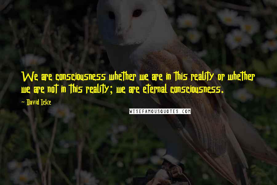 David Icke Quotes: We are consciousness whether we are in this reality or whether we are not in this reality; we are eternal consciousness.