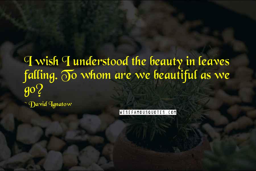 David Ignatow Quotes: I wish I understood the beauty in leaves falling. To whom are we beautiful as we go?