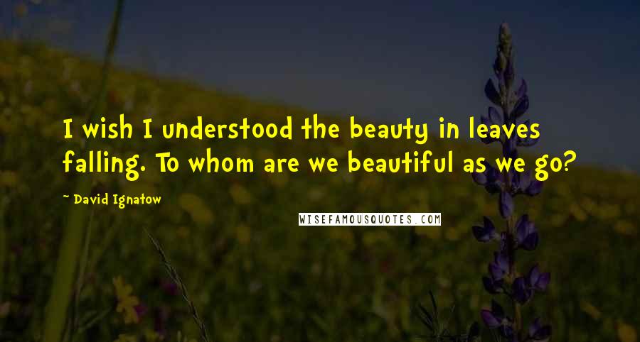 David Ignatow Quotes: I wish I understood the beauty in leaves falling. To whom are we beautiful as we go?