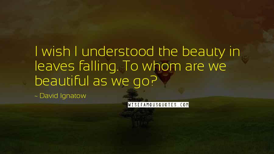 David Ignatow Quotes: I wish I understood the beauty in leaves falling. To whom are we beautiful as we go?