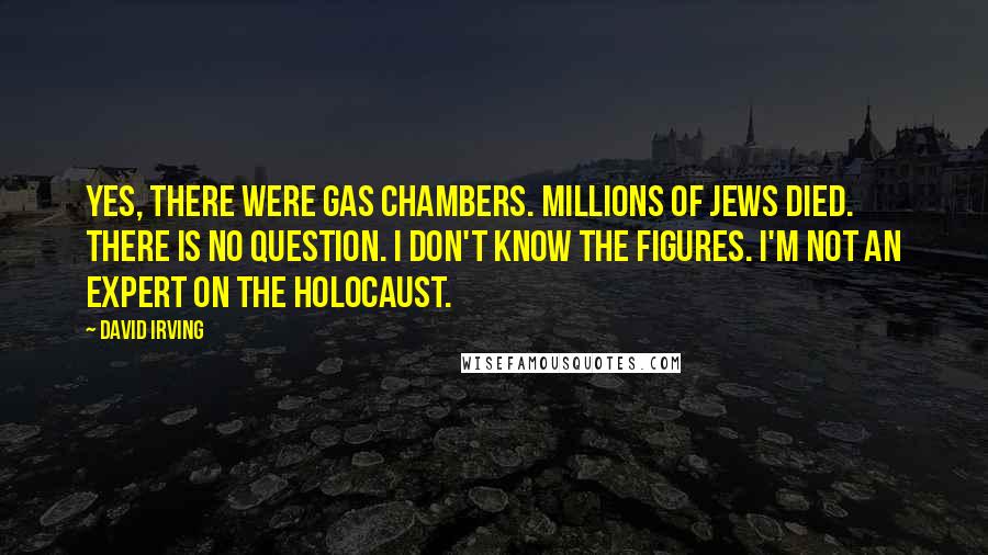 David Irving Quotes: Yes, there were gas chambers. Millions of Jews died. There is no question. I don't know the figures. I'm not an expert on the Holocaust.