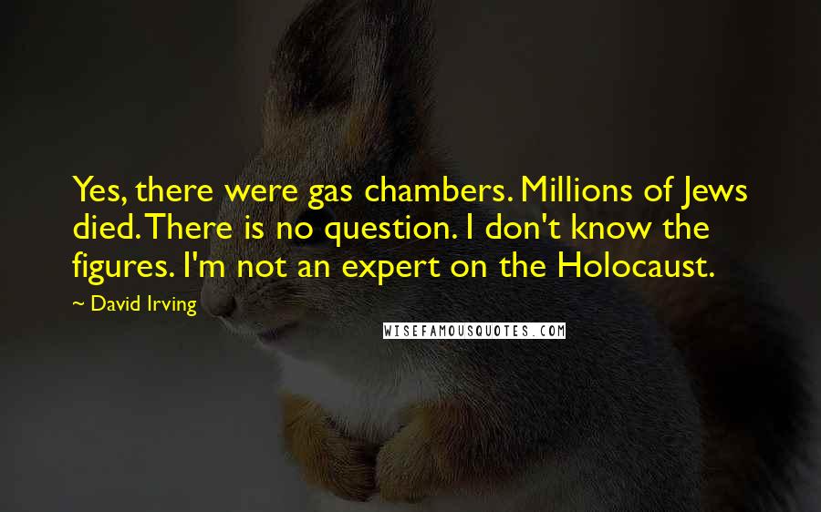 David Irving Quotes: Yes, there were gas chambers. Millions of Jews died. There is no question. I don't know the figures. I'm not an expert on the Holocaust.