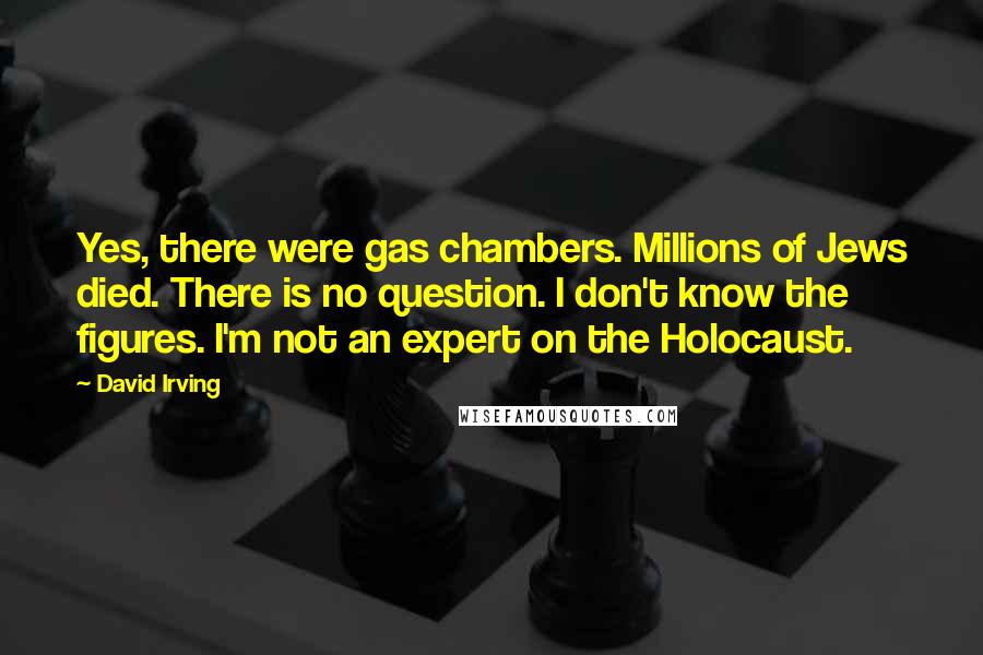 David Irving Quotes: Yes, there were gas chambers. Millions of Jews died. There is no question. I don't know the figures. I'm not an expert on the Holocaust.