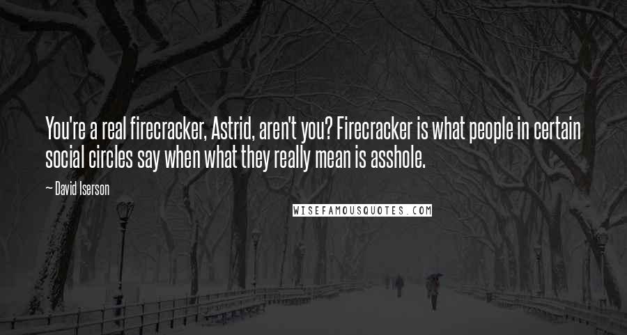 David Iserson Quotes: You're a real firecracker, Astrid, aren't you? Firecracker is what people in certain social circles say when what they really mean is asshole.
