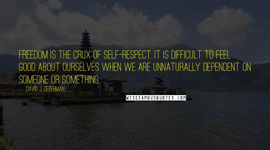 David J. Lieberman Quotes: Freedom is the crux of self-respect. It is difficult to feel good about ourselves when we are unnaturally dependent on someone or something.