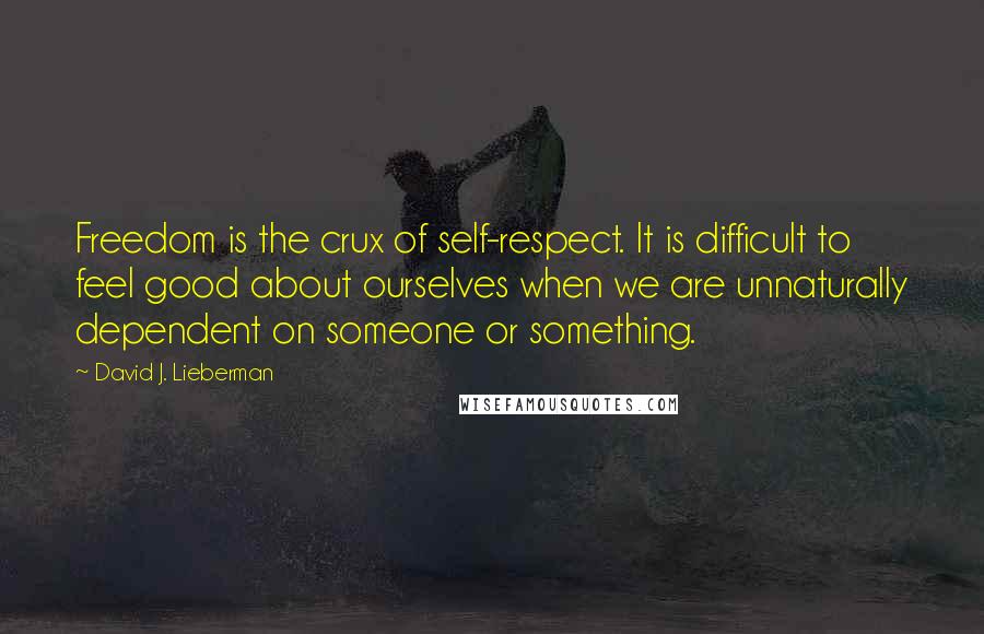 David J. Lieberman Quotes: Freedom is the crux of self-respect. It is difficult to feel good about ourselves when we are unnaturally dependent on someone or something.