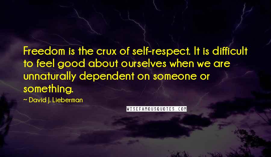 David J. Lieberman Quotes: Freedom is the crux of self-respect. It is difficult to feel good about ourselves when we are unnaturally dependent on someone or something.