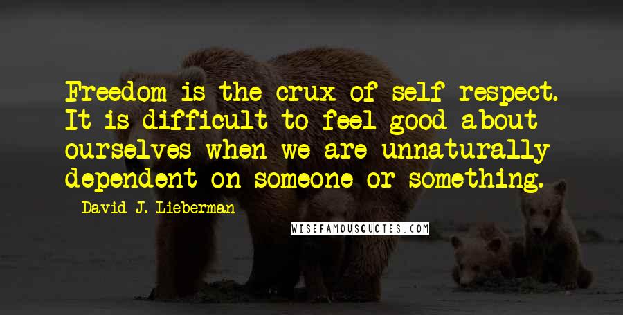 David J. Lieberman Quotes: Freedom is the crux of self-respect. It is difficult to feel good about ourselves when we are unnaturally dependent on someone or something.