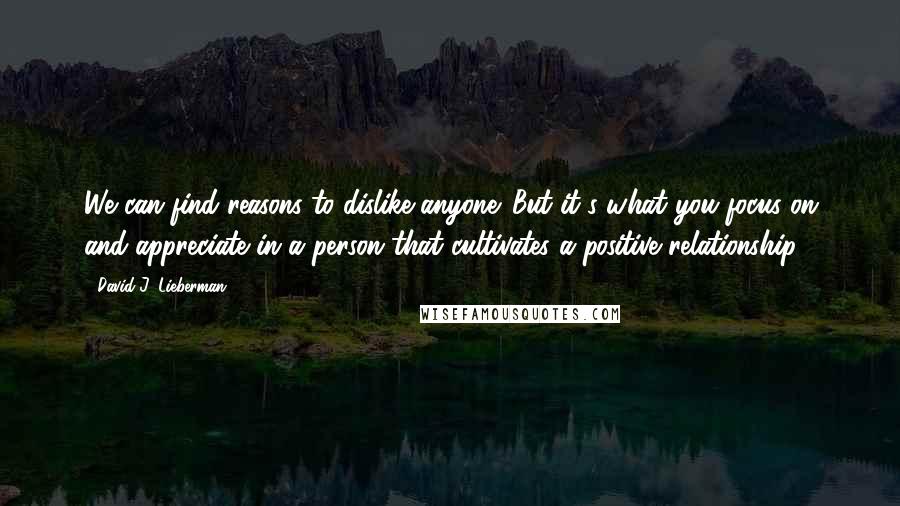 David J. Lieberman Quotes: We can find reasons to dislike anyone. But it's what you focus on and appreciate in a person that cultivates a positive relationship.