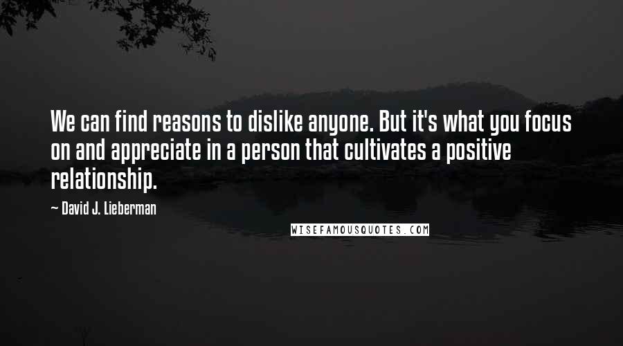 David J. Lieberman Quotes: We can find reasons to dislike anyone. But it's what you focus on and appreciate in a person that cultivates a positive relationship.